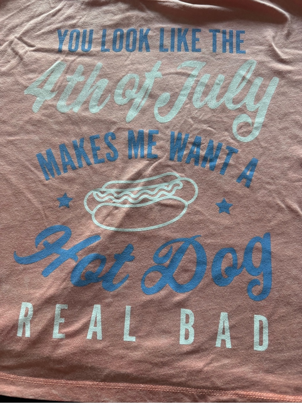 RED WHITE &BLONDE🌭4th of July Hot Dog Tee in soft pink with Blue & White Print🇺🇸